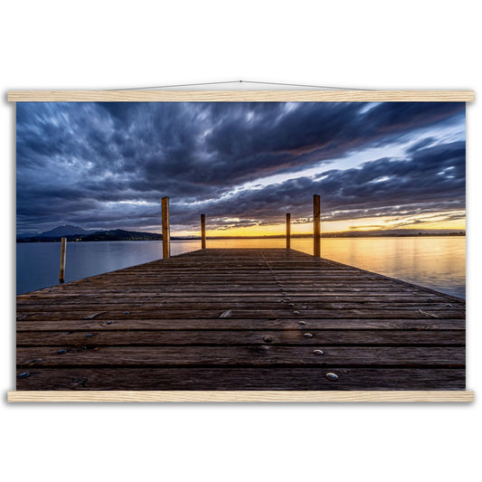 Idyllic nature poster: wooden pier on Lake Zug - premium poster with wooden bars