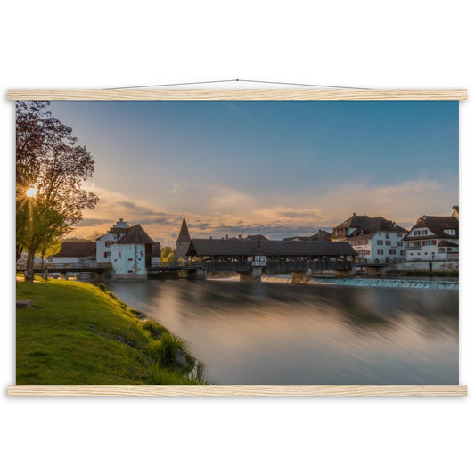 Bremgarten Old Town with Reuss Bridge - Premium Poster Wooden Blocks