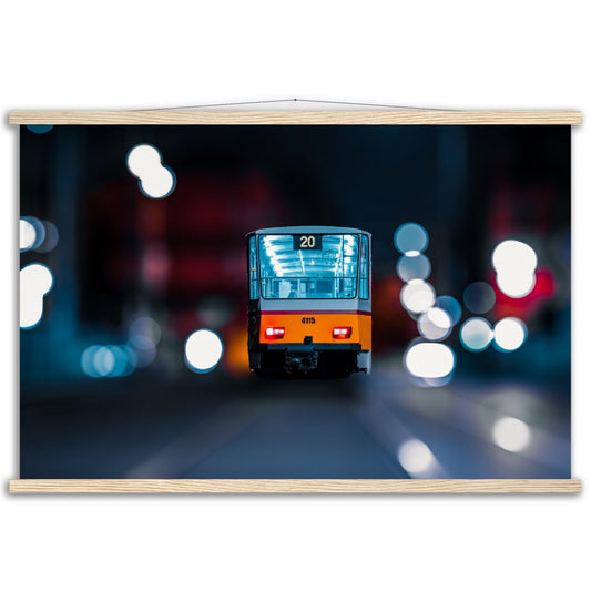 Yellow tram premium poster with wooden bars